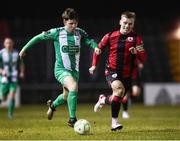 15 February 2025; Thomas Considine of Bray Wanderers in action against Dean O'Shea of Longford Town during the SSE Airtricity Men's First Division match between Longford Town and Bray Wanderers at Bishopsgate in Longford. Photo by Michael P Ryan/Sportsfile