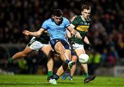 15 February 2025; Eoghan O'Donnell of Dublin in action against Mike Breen, hidden, and Dylan Casey of Kerry during the Allianz Football League Division 1 match between Kerry and Dublin at Austin Stack Park in Tralee, Kerry. Photo by Brendan Moran/Sportsfile