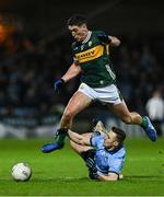 15 February 2025; Joe O'Connor of Kerry jumps over Sean Lowry of Dublin during the Allianz Football League Division 1 match between Kerry and Dublin at Austin Stack Park in Tralee, Kerry. Photo by Brendan Moran/Sportsfile