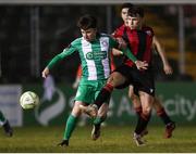 15 February 2025; Thomas Considine of Bray Wanderers in action against Andrew Spain of Longford Town during the SSE Airtricity Men's First Division match between Longford Town and Bray Wanderers at Bishopsgate in Longford. Photo by Michael P Ryan/Sportsfile
