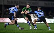 15 February 2025; Cathal Forde of Connacht in action against Efan Daniel, left, and Callum Sheedy of Cardiff Rugby during the United Rugby Championship match between Connacht and Cardiff Rugby at Dexcom Stadium in Galway. Photo by Tyler Miller/Sportsfile