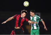 15 February 2025; Andrew Spain of Longford Town in action against Max Murphy of Bray Wanderers during the SSE Airtricity Men's First Division match between Longford Town and Bray Wanderers at Bishopsgate in Longford. Photo by Michael P Ryan/Sportsfile
