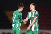 15 February 2025; Max Murphy of Bray Wanderers, right, celebrates with teammate Rhys Knight after their side's victory in the SSE Airtricity Men's First Division match between Longford Town and Bray Wanderers at Bishopsgate in Longford. Photo by Michael P Ryan/Sportsfile