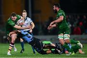15 February 2025; Cathal Forde of Connacht is tackled by Alun Lawrence of Cardiff Rugby during the United Rugby Championship match between Connacht and Cardiff Rugby at Dexcom Stadium in Galway. Photo by Shauna Clinton/Sportsfile