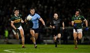 15 February 2025; Greg McEneaney of Dublin in action against Seán O'Shea and Brian Ó Beaglaoich of Kerry during the Allianz Football League Division 1 match between Kerry and Dublin at Austin Stack Park in Tralee, Kerry. Photo by Brendan Moran/Sportsfile