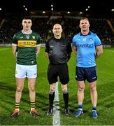 15 February 2025; Referee Liam Devenney with captains Seán O'Shea of Kerry and Ciarán Kilkenny of Dublin before the Allianz Football League Division 1 match between Kerry and Dublin at Austin Stack Park in Tralee, Kerry. Photo by Brendan Moran/Sportsfile