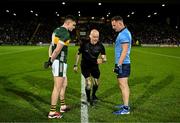 15 February 2025; Referee Liam Devenney performs the cois toss in the company of captains Seán O'Shea of Kerry, left, and Ciarán Kilkenny of Dublin before the Allianz Football League Division 1 match between Kerry and Dublin at Austin Stack Park in Tralee, Kerry. Photo by Brendan Moran/Sportsfile