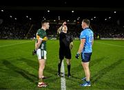 15 February 2025; Referee Liam Devenney performs the cois toss in the company of captains Seán O'Shea of Kerry, left, and Ciarán Kilkenny of Dublin before the Allianz Football League Division 1 match between Kerry and Dublin at Austin Stack Park in Tralee, Kerry. Photo by Brendan Moran/Sportsfile