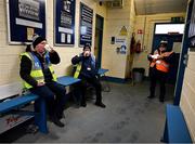 16 February 2025; Maors Stephen McGaughran, left, Mullahoran GAA, Joe Linnane, Castlerahan GAA, and Mickey Graham, Cavan Gaels, relax before taking up duty at the Allianz Football League Division 2 match between Cavan and Louth at Kingspan Breffni Park in Cavan. Photo by Ray McManus/Sportsfile