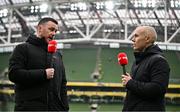 16 February 2025; Virgin Media Sport presenters Keith Treacy, left, and Dave McIntyre before the SSE Airtricity Men's Premier Division match between Bohemians and Shamrock Rovers at the Aviva Stadium in Dublin. Photo by Sam Barnes/Sportsfile