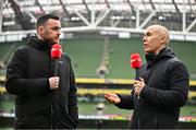 16 February 2025; Virgin Media Sport presenters Keith Treacy, left, and Dave McIntyre before the SSE Airtricity Men's Premier Division match between Bohemians and Shamrock Rovers at the Aviva Stadium in Dublin. Photo by Sam Barnes/Sportsfile