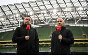 16 February 2025; Virgin Media Sport presenters Keith Treacy, left, and Dave McIntyre before the SSE Airtricity Men's Premier Division match between Bohemians and Shamrock Rovers at the Aviva Stadium in Dublin. Photo by Sam Barnes/Sportsfile