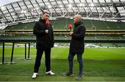 16 February 2025; Virgin Media Sport presenters Keith Treacy, left, and Dave McIntyre before the SSE Airtricity Men's Premier Division match between Bohemians and Shamrock Rovers at the Aviva Stadium in Dublin. Photo by Sam Barnes/Sportsfile