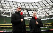 16 February 2025; Virgin Media Sport presenters Keith Treacy, left, and Dave McIntyre before the SSE Airtricity Men's Premier Division match between Bohemians and Shamrock Rovers at the Aviva Stadium in Dublin. Photo by Sam Barnes/Sportsfile