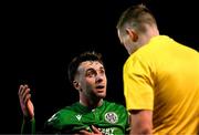 14 February 2025; Sean McGrath of Kerry speaks to referee Oliver Moran during the SSE Airtricity Men's First Division match between Kerry FC and Finn Harps at Mounthawk Park in Tralee, Kerry. Photo by Brendan Moran/Sportsfile