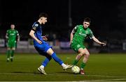 14 February 2025; Gavin Gilmore of Finn Harps in action against Sean O'Connell of Kerry during the SSE Airtricity Men's First Division match between Kerry FC and Finn Harps at Mounthawk Park in Tralee, Kerry. Photo by Brendan Moran/Sportsfile