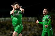 14 February 2025; Joe Adams of Kerry FC, left, celebrates with teammate Sean McGrath, after scoring their side's first goal during the SSE Airtricity Men's First Division match between Kerry FC and Finn Harps at Mounthawk Park in Tralee, Kerry. Photo by Brendan Moran/Sportsfile