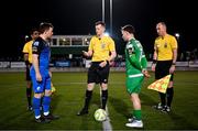 14 February 2025; Referee Oliver Moran, performs the coin toss, in the company of team captains Sean McGrath of Kerry and Tony McNamee of Finn Harps and assistant referees Paul Braganza, left, and Eoin Harte before the SSE Airtricity Men's First Division match between Kerry FC and Finn Harps at Mounthawk Park in Tralee, Kerry. Photo by Brendan Moran/Sportsfile