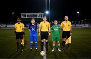 14 February 2025; Referee Oliver Moran, with team captains Sean McGrath of Kerry and Tony McNamee of Finn Harps and assistant referees Paul Braganza, left, and Eoin Harte before the SSE Airtricity Men's First Division match between Kerry FC and Finn Harps at Mounthawk Park in Tralee, Kerry. Photo by Brendan Moran/Sportsfile