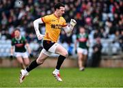 16 February 2025; Tyrone goalkeeper Niall Morgan runs back to his goal during the Allianz Football League Division 1 match between Mayo and Tyrone at Hastings Insurance MacHale Park in Castlebar, Mayo. Photo by Piaras Ó Mídheach/Sportsfile