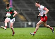 16 February 2025; Frank Irwin of Mayo in action against Brian Kennedy of Tyrone during the Allianz Football League Division 1 match between Mayo and Tyrone at Hastings Insurance MacHale Park in Castlebar, Mayo. Photo by Piaras Ó Mídheach/Sportsfile
