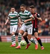 16 February 2025; Lee Grace of Shamrock Rovers in action against Dayle Rooney of Bohemians during the SSE Airtricity Men's Premier Division match between Bohemians and Shamrock Rovers at the Aviva Stadium in Dublin. Photo by Ben McShane/Sportsfile