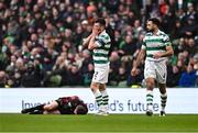 16 February 2025; Josh Honohan of Shamrock Rovers reacts after making a fould on Colm Whelan of Bohemians during the SSE Airtricity Men's Premier Division match between Bohemians and Shamrock Rovers at the Aviva Stadium in Dublin. Photo by Ben McShane/Sportsfile