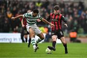 16 February 2025; Colm Whelan of Bohemians in action against Roberto Lopes of Shamrock Rovers during the SSE Airtricity Men's Premier Division match between Bohemians and Shamrock Rovers at the Aviva Stadium in Dublin. Photo by Sam Barnes/Sportsfile