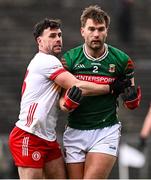 16 February 2025; Aidan O'Shea of Mayo is tightly marked by Darren McCurry of Tyrone during the Allianz Football League Division 1 match between Mayo and Tyrone at Hastings Insurance MacHale Park in Castlebar, Mayo. Photo by Piaras Ó Mídheach/Sportsfile