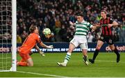 16 February 2025; Bohemians goalkeeper James Talbot saves a shot on goal from Aaron McEneff of Shamrock Rovers during the SSE Airtricity Men's Premier Division match between Bohemians and Shamrock Rovers at the Aviva Stadium in Dublin. Photo by Stephen McCarthy/Sportsfile