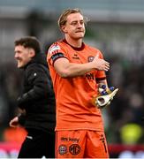 16 February 2025; Bohemians goalkeeper James Talbot celebrates after the SSE Airtricity Men's Premier Division match between Bohemians and Shamrock Rovers at the Aviva Stadium in Dublin. Photo by Ben McShane/Sportsfile