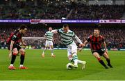 16 February 2025; Graham Burke of Shamrock Rovers in action against Keith Buckley, right, and Liam Smith of Bohemians during the SSE Airtricity Men's Premier Division match between Bohemians and Shamrock Rovers at the Aviva Stadium in Dublin. Photo by Stephen McCarthy/Sportsfile