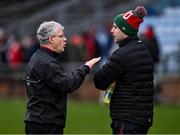 16 February 2025; Mayo manager Kevin McStay, left, speaking with Mayo footballer Paddy Ducan before the Allianz Football League Division 1 match between Mayo and Tyrone at Hastings Insurance MacHale Park in Castlebar, Mayo. Photo by Piaras Ó Mídheach/Sportsfile