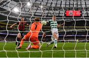 16 February 2025; Bohemians goalkeeper James Talbot makes a save from a shot by Aaron McEneff of Shamrock Rovers during the SSE Airtricity Men's Premier Division match between Bohemians and Shamrock Rovers at the Aviva Stadium in Dublin. Photo by Stephen McCarthy/Sportsfile