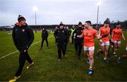16 February 2025; Armagh manager Kieran McGeeney, centre, in conversation with captain Aidan Forker at the end of the first half of the Allianz Football League Division 1 match between Donegal and Armagh at MacCumhaill Park in Ballybofey, Donegal. Photo by Ramsey Cardy/Sportsfile