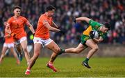16 February 2025; Ryan McHugh of Donegal in action against Stefan Campbell of Armagh during the Allianz Football League Division 1 match between Donegal and Armagh at MacCumhaill Park in Ballybofey, Donegal. Photo by Ramsey Cardy/Sportsfile