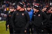 16 February 2025; Armagh manager Kieran McGeeney, right, and selector Kieran Donaghy leave the pitch at half-time of the Allianz Football League Division 1 match between Donegal and Armagh at MacCumhaill Park in Ballybofey, Donegal. Photo by Ramsey Cardy/Sportsfile