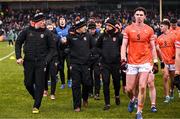 16 February 2025; Armagh manager Kieran McGeeney, right, and selector Kieran Donaghy leave the pitch at half-time of the Allianz Football League Division 1 match between Donegal and Armagh at MacCumhaill Park in Ballybofey, Donegal. Photo by Ramsey Cardy/Sportsfile