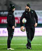 15 February 2025; Connacht defence coach Scott Fardy, right, speaks to physiotherapist Mitchell Ward before the United Rugby Championship match between Connacht and Cardiff Rugby at Dexcom Stadium in Galway. Photo by Shauna Clinton/Sportsfile