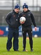 16 February 2025; Monaghan manager Gabriel Bannigan, left, and selector Andy Moran before the Allianz Football League Division 2 match between Roscommon and Monaghan at King & Mofatt Dr Hyde Park in Roscommon. Photo by Stephen Marken/Sportsfile