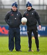 16 February 2025; Monaghan manager Gabriel Bannigan, left, and selector Andy Moran before the Allianz Football League Division 2 match between Roscommon and Monaghan at King & Mofatt Dr Hyde Park in Roscommon. Photo by Stephen Marken/Sportsfile