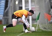 16 February 2025; Tyrone goalkeeper Niall Morgan races to get a football to take a kick-out during the Allianz Football League Division 1 match between Mayo and Tyrone at Hastings Insurance MacHale Park in Castlebar, Mayo. Photo by Piaras Ó Mídheach/Sportsfile