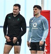 18 February 2025; Jimmy O'Brien, right, and Jacob Stockdale during an Ireland Rugby squad training session at the IRFU High Performance Centre in Dublin. Photo by Brendan Moran/Sportsfile