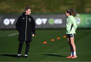 19 February 2025; Assistant head coach Alan Mahon and Leanne Kiernan during a Republic of Ireland women's training session at the FAI National Training Centre in Abbotstown, Dublin. Photo by Stephen McCarthy/Sportsfile