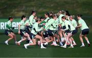 19 February 2025; Jess Fitzgerald, left, Aoife Mannion and team-mates during a Republic of Ireland women's training session at the FAI National Training Centre in Abbotstown, Dublin. Photo by Stephen McCarthy/Sportsfile