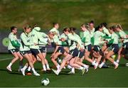 19 February 2025; Jess Fitzgerald, left, Aoife Mannion and team-mates during a Republic of Ireland women's training session at the FAI National Training Centre in Abbotstown, Dublin. Photo by Stephen McCarthy/Sportsfile