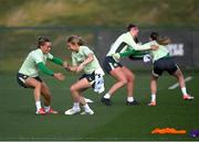 19 February 2025; Katie McCabe, left, and Jess Fitzgerald during a Republic of Ireland women's training session at the FAI National Training Centre in Abbotstown, Dublin. Photo by Stephen McCarthy/Sportsfile