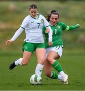 19 February 2025; Emily Whelan of Republic of Ireland Women's Development Team is tackled by Lia O'Leary of Republic of Ireland Women's U19's during a training match between Republic of Ireland Women's Development Team and Republic of Ireland Women's U19's at the FAI National Training Centre in Abbotstown, Dublin. Photo by Stephen McCarthy/Sportsfile