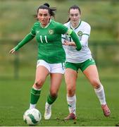 19 February 2025; Lia O'Leary of Republic of Ireland U19's in action against Melissa O'Kane of Republic of Ireland Women's Development Team, right, during a match between Repubic of Ireland Women's Development Team and Republic of Ireland Women's U19's at the FAI National Training Centre in Abbotstown, Dublin. Photo by Stephen McCarthy/Sportsfile