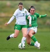 19 February 2025; Emily Whelan of Republic of Ireland Women's Development Team, left, is tackled by Lia O'Leary of Republic of Ireland U19's during a match between Repubic of Ireland Women's Development Team and Republic of Ireland Women's U19's at the FAI National Training Centre in Abbotstown, Dublin. Photo by Stephen McCarthy/Sportsfile